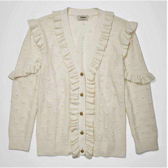 Kate Spade Wool Blend Ruffle Cardigan Sweater Cream Pom Bobble Knit Small - Picture 1 of 9
